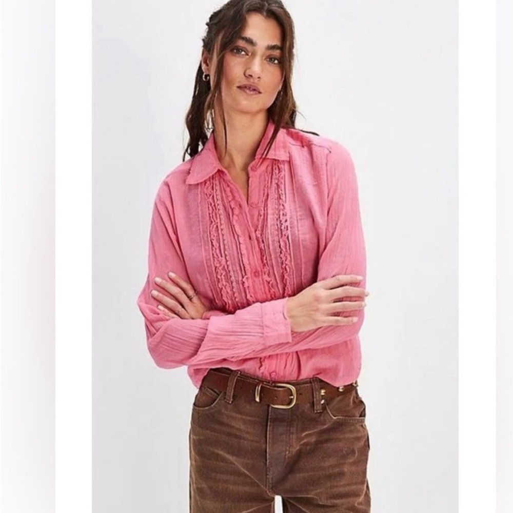 Free People Drew Ruffle Pink Tuxedo long sleeve shirt.